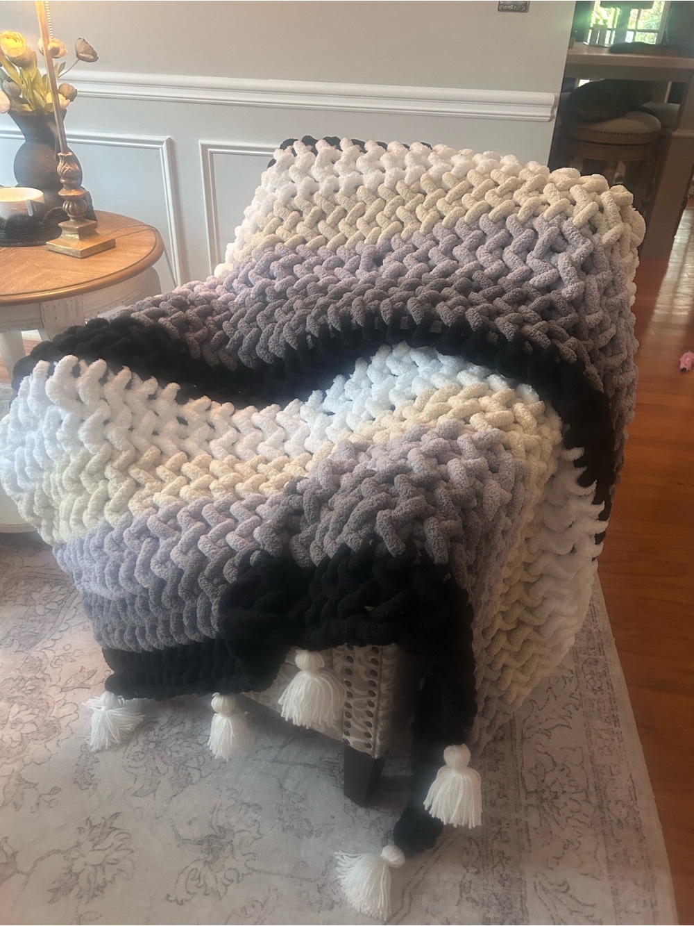 Chunky Ombre Knit Throw Blanket in Cream, Gray & Black. Handmade by me